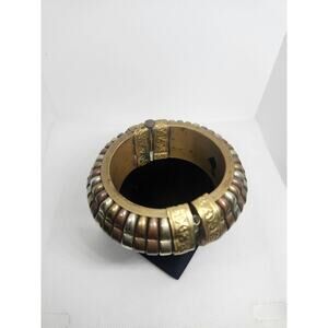 Vintage Tricolor Brass Copper Silver Tone Chunky Etruscan Hinge  Bracelet 7.5"